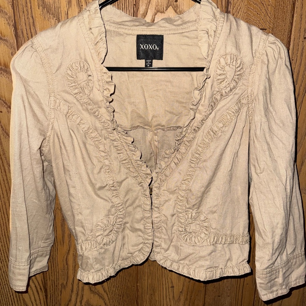 XOXO Embroidered Cropped Jacket - Biege